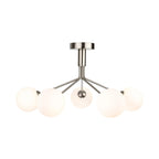 Ellis 5 Globe Semi-Flush Ceiling Light in brushed steel, side view showing the ceiling plate and arm spread