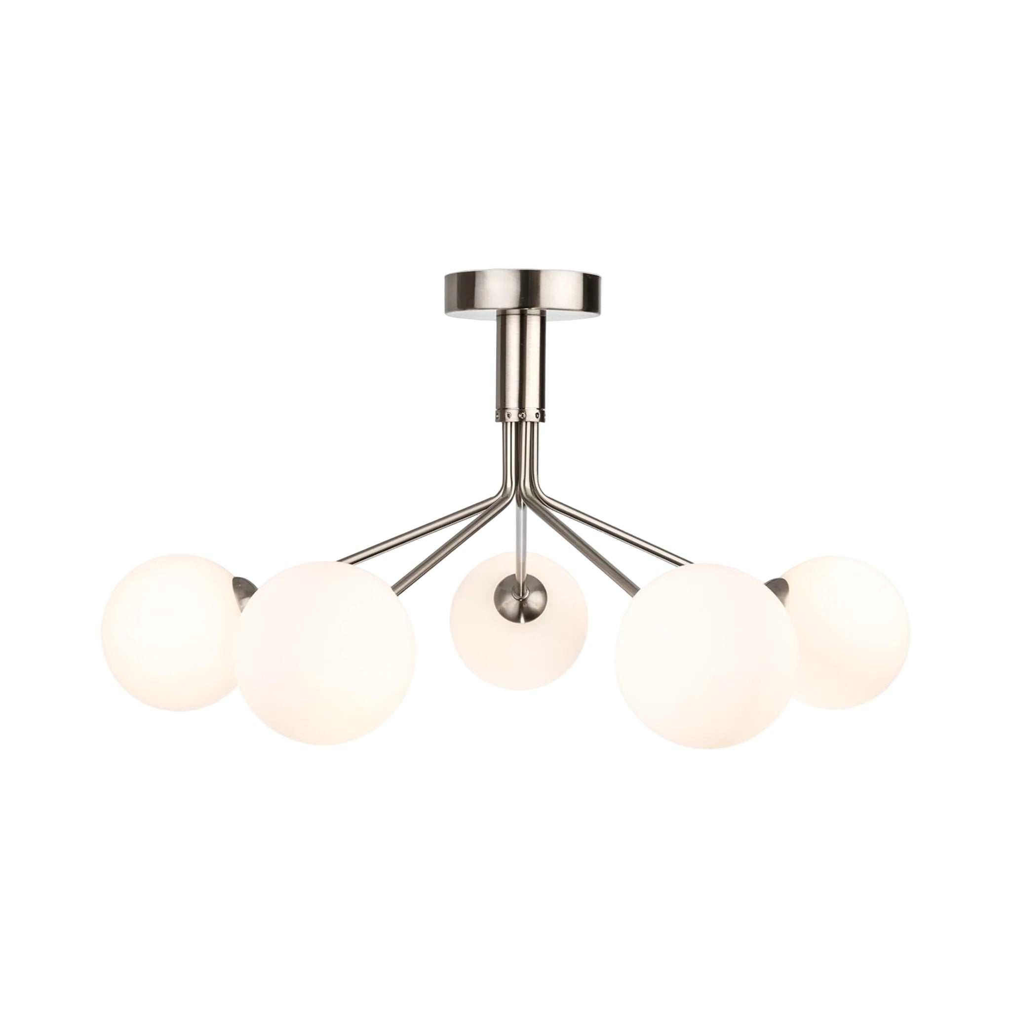 Ellis 5 Globe Semi-Flush Ceiling Light in brushed steel, side view showing the ceiling plate and arm spread