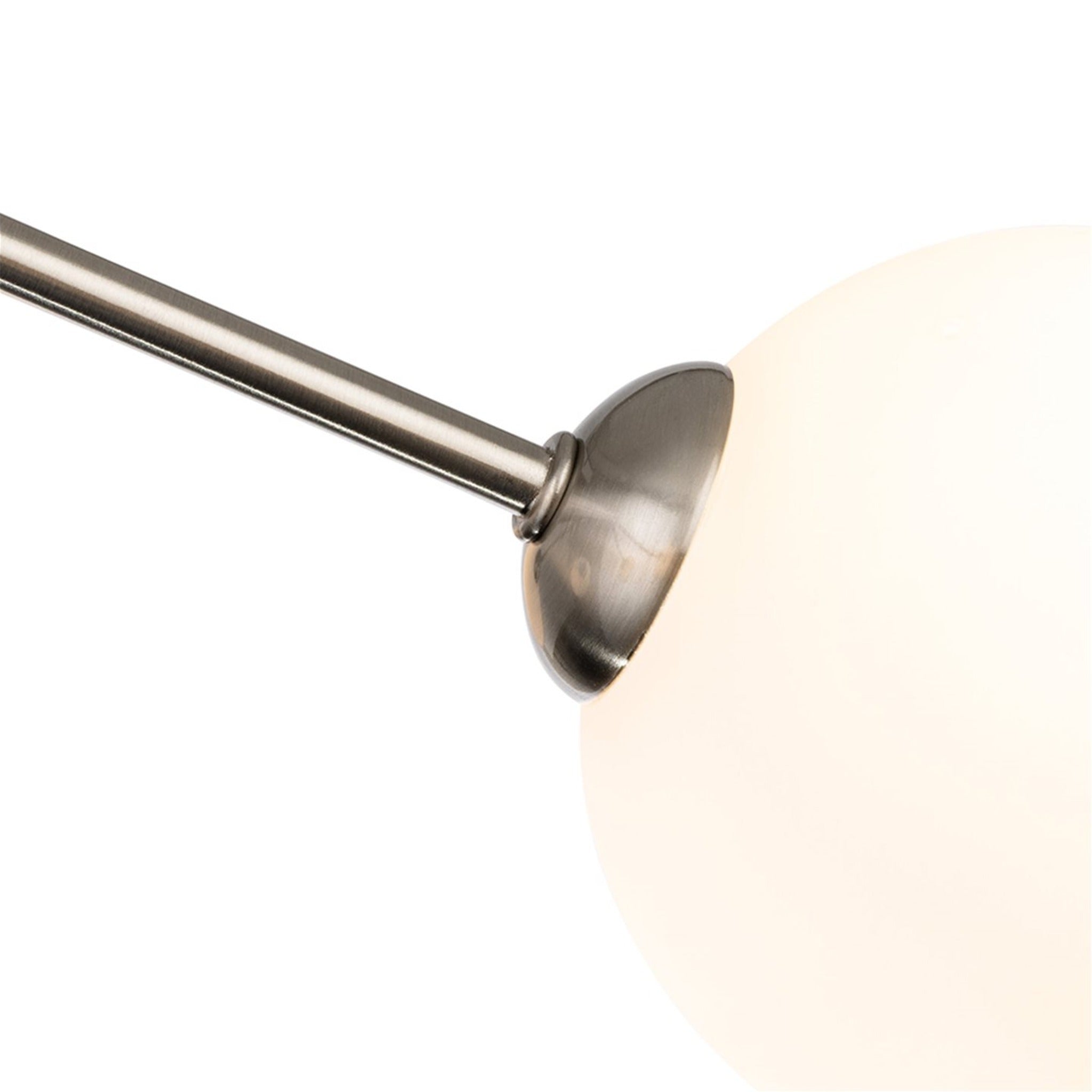 Ellis 5 Globe Semi-Flush Ceiling Light in brushed steel, close-up of an opal white glass globe and its arm fitting