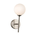 Ellis Globe Wall Light in brushed steel, front view showing the opal white glass globe and round backplate