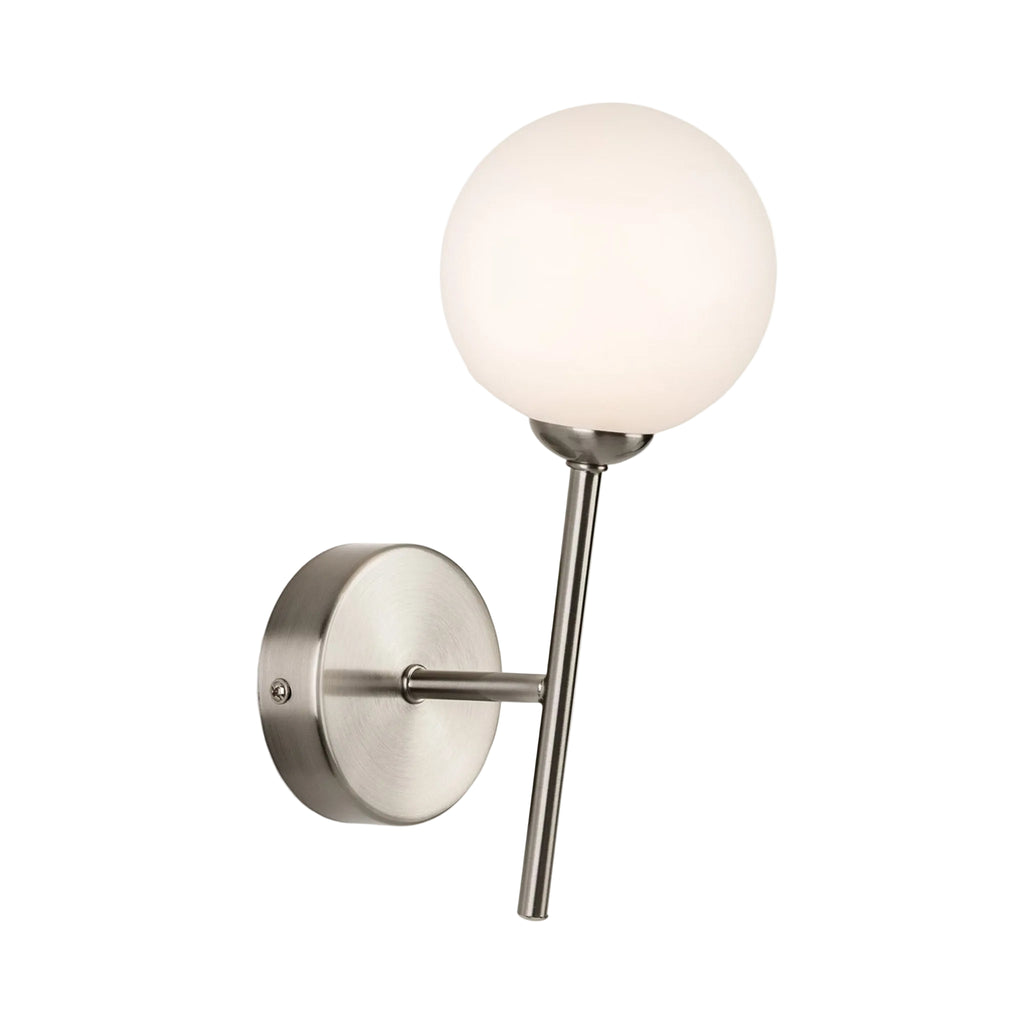 Ellis Globe Wall Light in brushed steel, side view showing the angled stem and wall projection