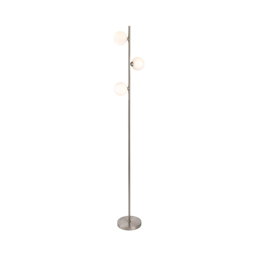 Ellis Triple Globe Floor Lamp in brushed steel, full view showing three opal white glass globes on the stem