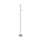Ellis Triple Globe Floor Lamp in brushed steel, full view showing three opal white glass globes on the stem
