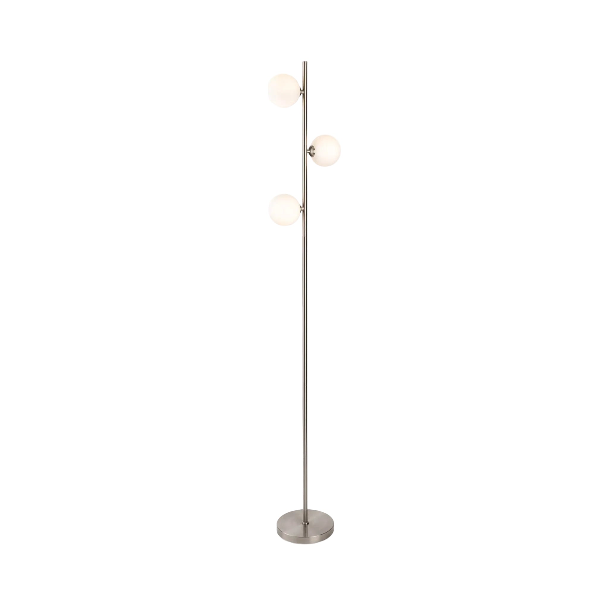 Ellis Triple Globe Floor Lamp in brushed steel, full view showing three opal white glass globes on the stem