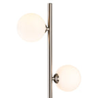 Ellis Triple Globe Floor Lamp in brushed steel, close-up of two opal white glass globes on the stem