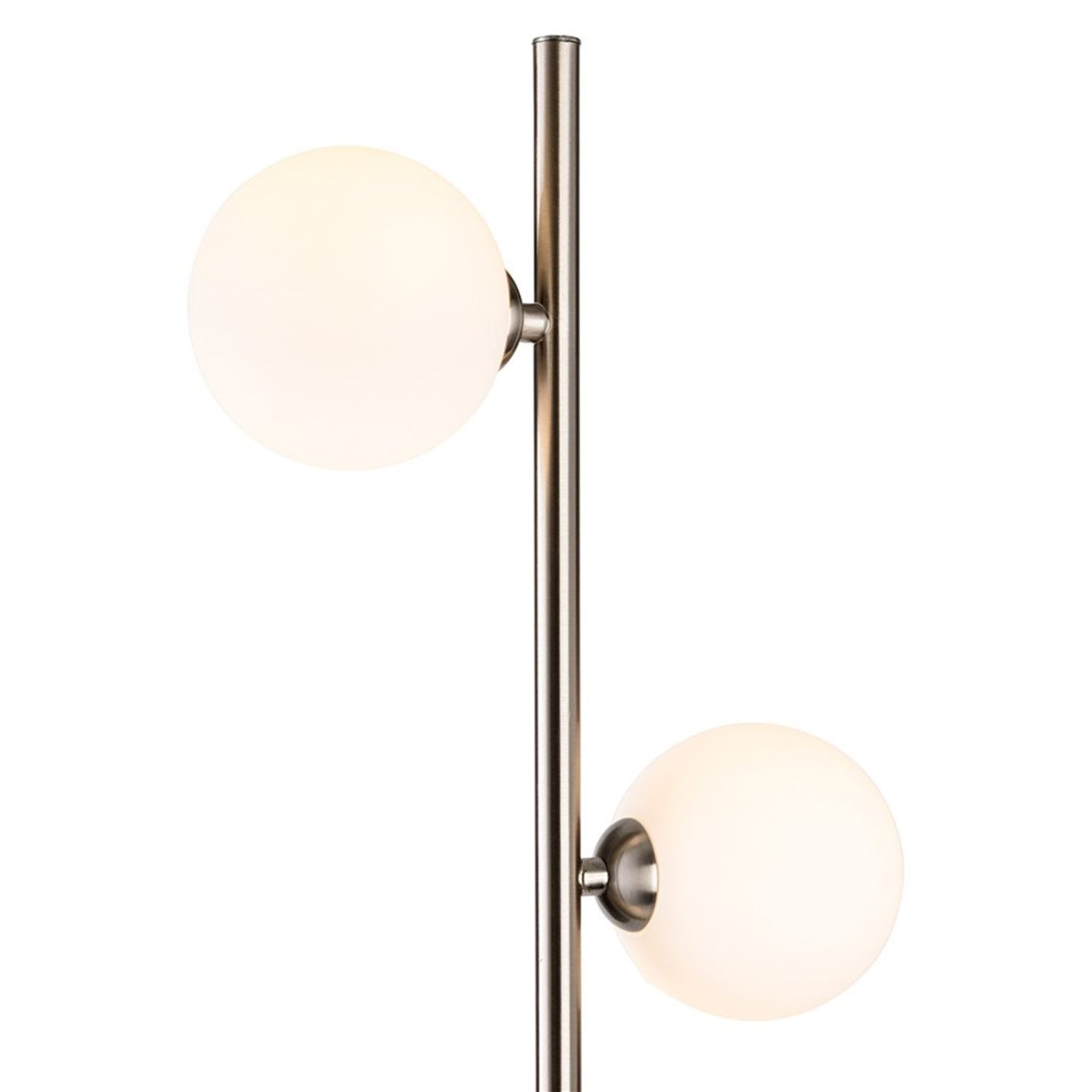 Ellis Triple Globe Floor Lamp in brushed steel, close-up of two opal white glass globes on the stem