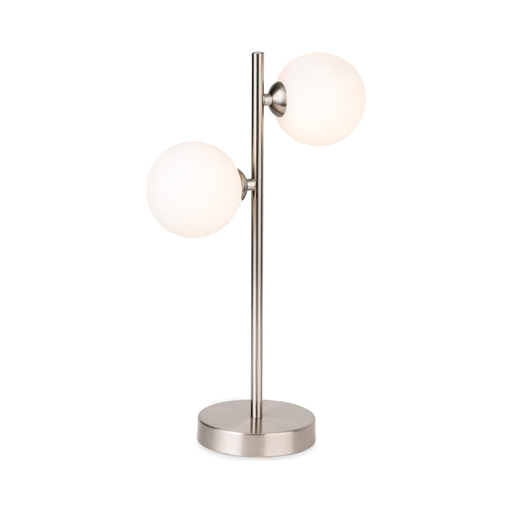 Ellis Twin Globe Table Lamp in brushed steel, full view showing both opal white glass globes on the stem