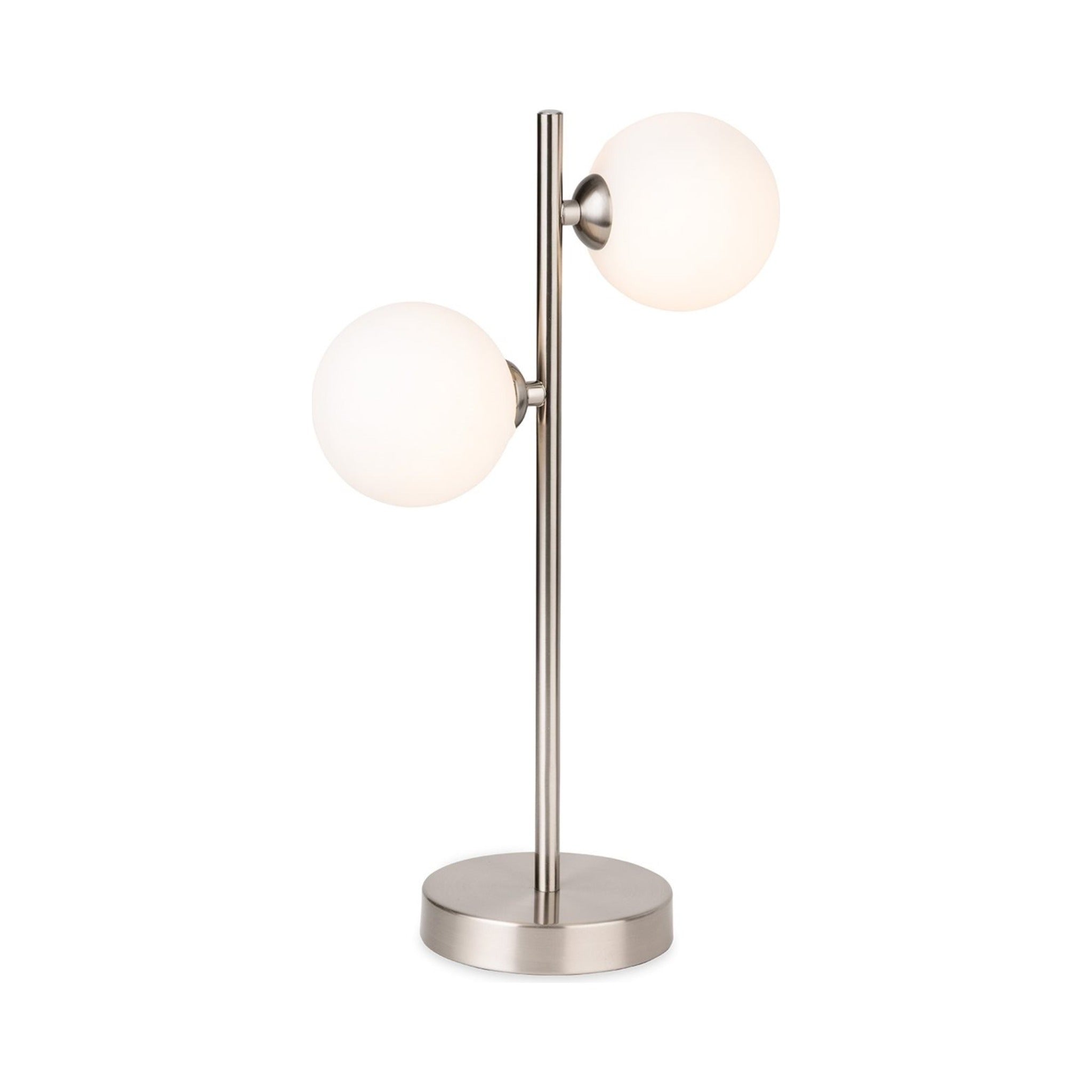 Ellis Twin Globe Table Lamp in brushed steel, full view showing both opal white glass globes on the stem
