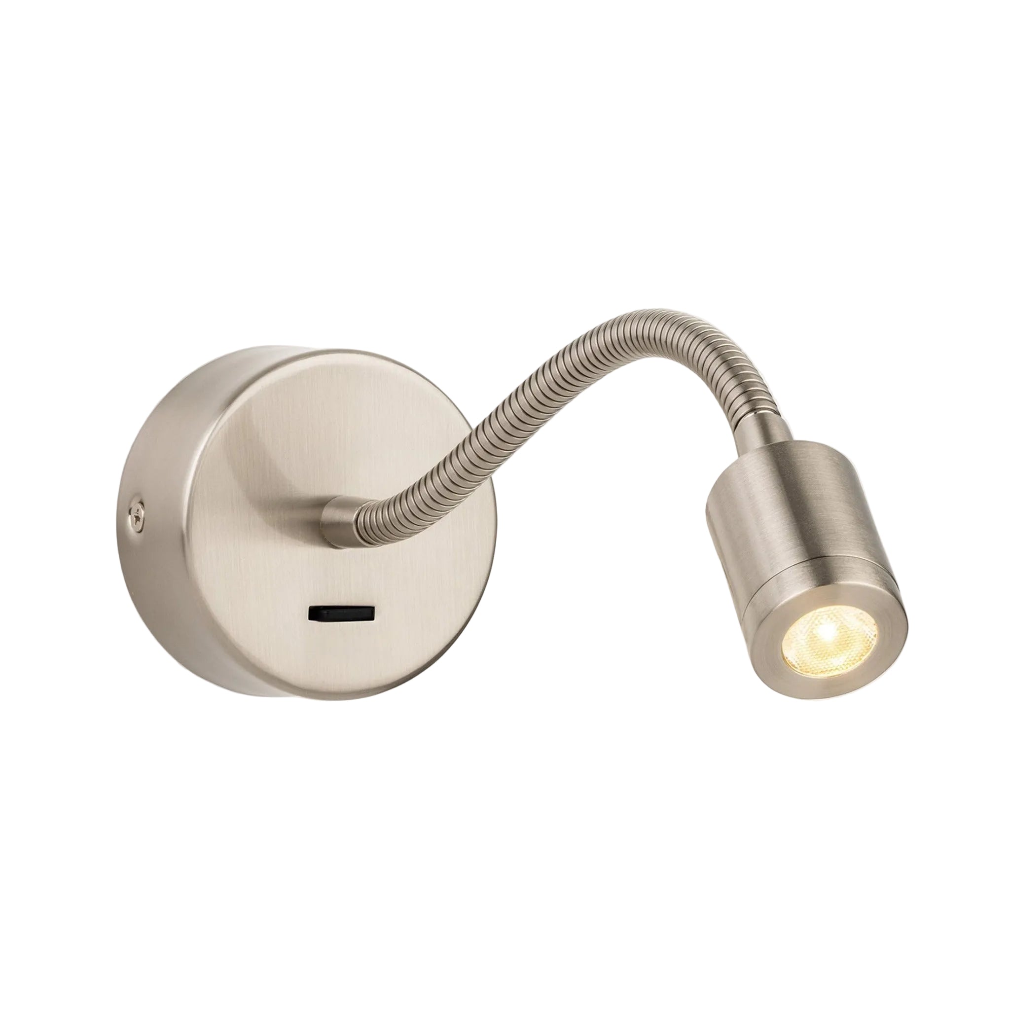 Elsie Flexible Arm LED Reading Wall Light in brushed steel, angled view with the gooseneck arm extended