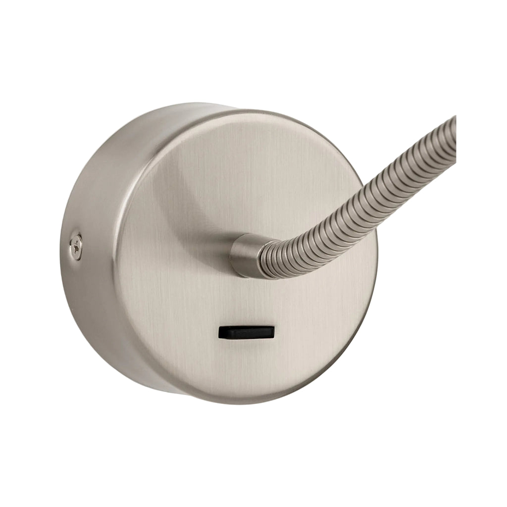 Elsie Flexible Arm LED Reading Wall Light in brushed steel, close view of the round backplate and rocker switch