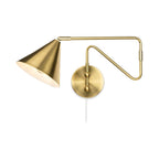 Fenwick Swing Arm Plug-In Wall Light in brushed brass, angled view of the cone shade and backplate