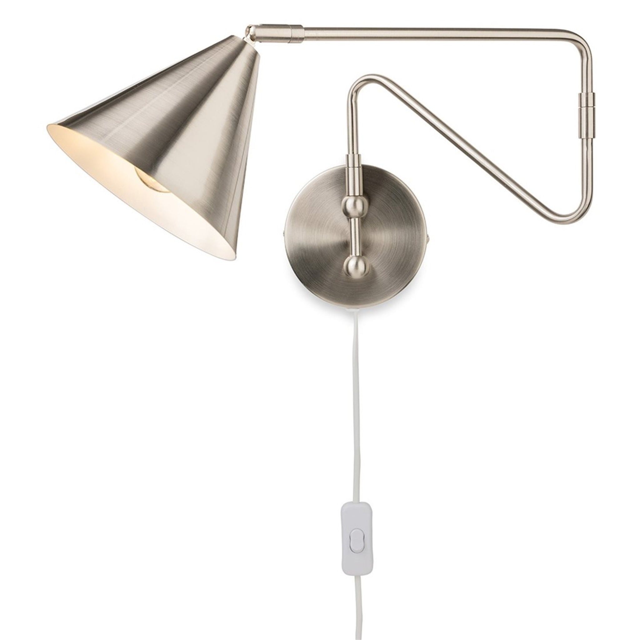 Fenwick Swing Arm Plug-In Wall Light in brushed steel, side view with the arm extended