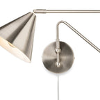 Fenwick Swing Arm Plug-In Wall Light in brushed steel, angled close view of the cone shade and backplate