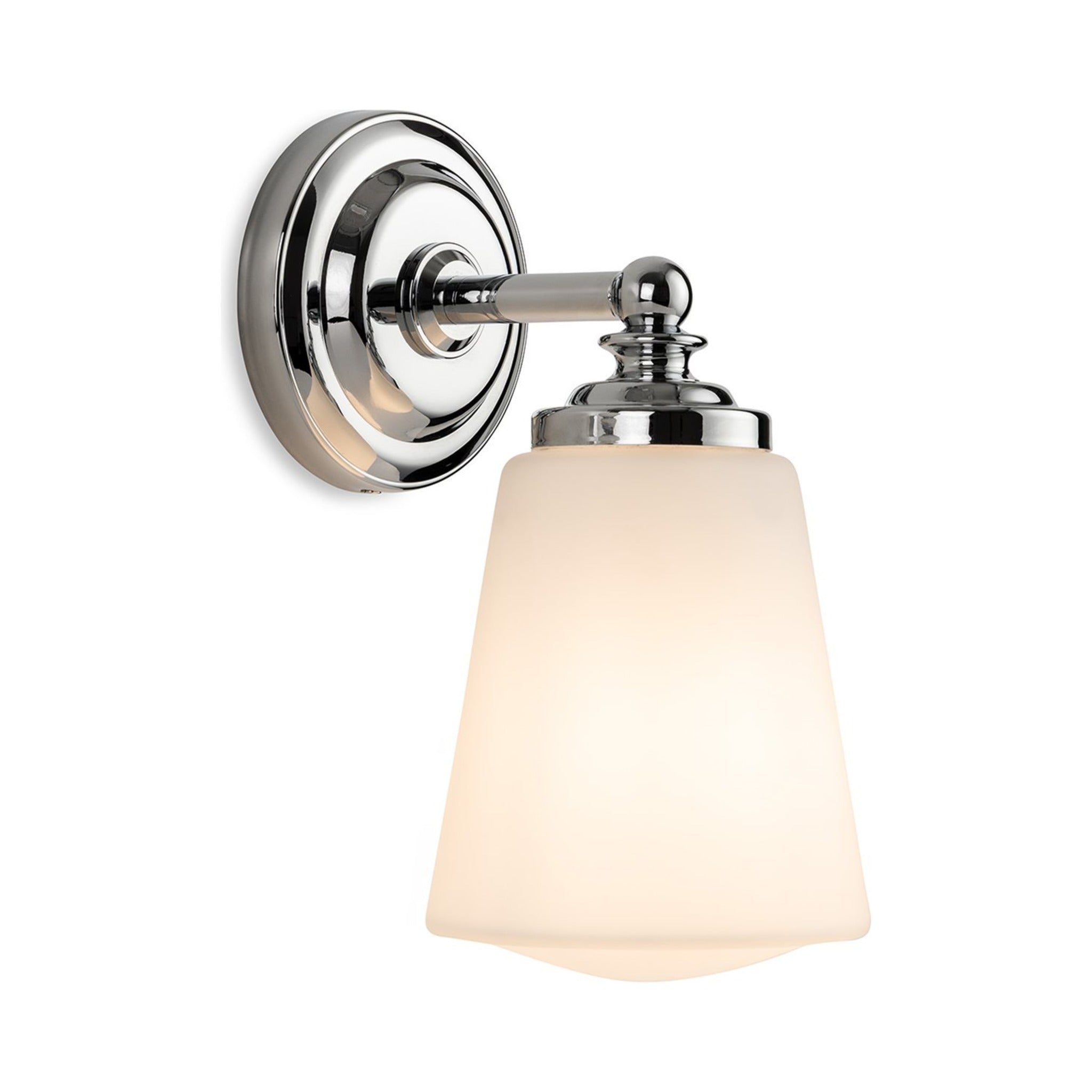Hadley Opal Glass Bathroom Wall Light in chrome, side view showing the tapered opal white glass shade
