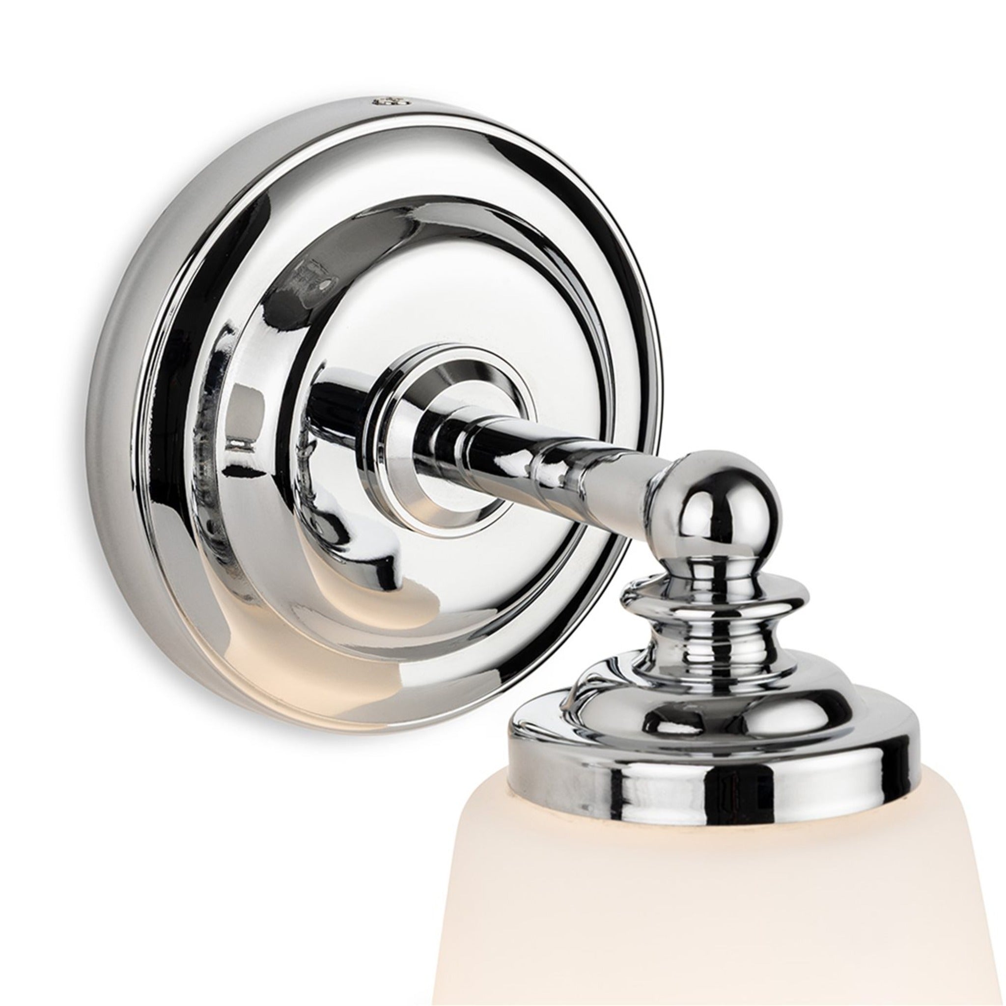 Close-up of the stepped chrome backplate and arm on the Hadley Opal Glass Bathroom Wall Light