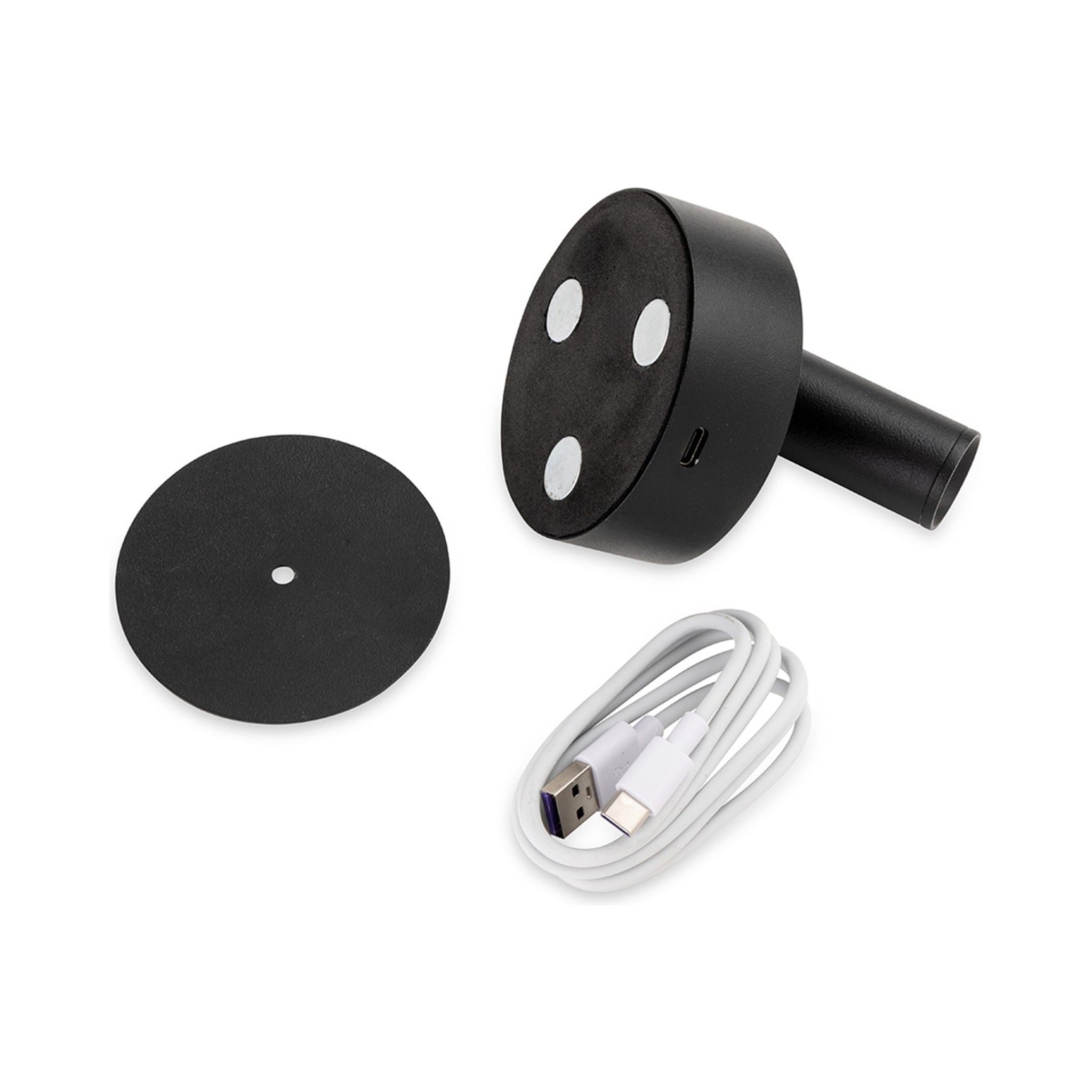 Kelby Magnetic Rechargeable LED Spotlight in black with its magnetic wall plate and USB-C charging cable