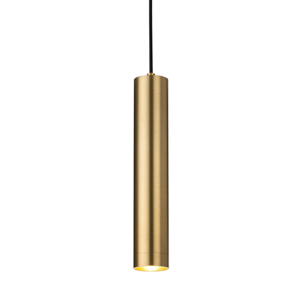 Kelso Slim Cylinder GU10 Pendant in satin brass, hanging on its cable