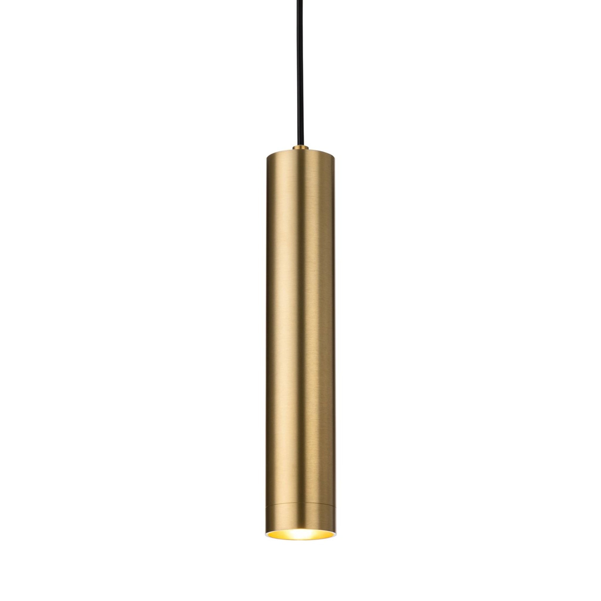 Kelso Slim Cylinder GU10 Pendant in satin brass, hanging on its cable