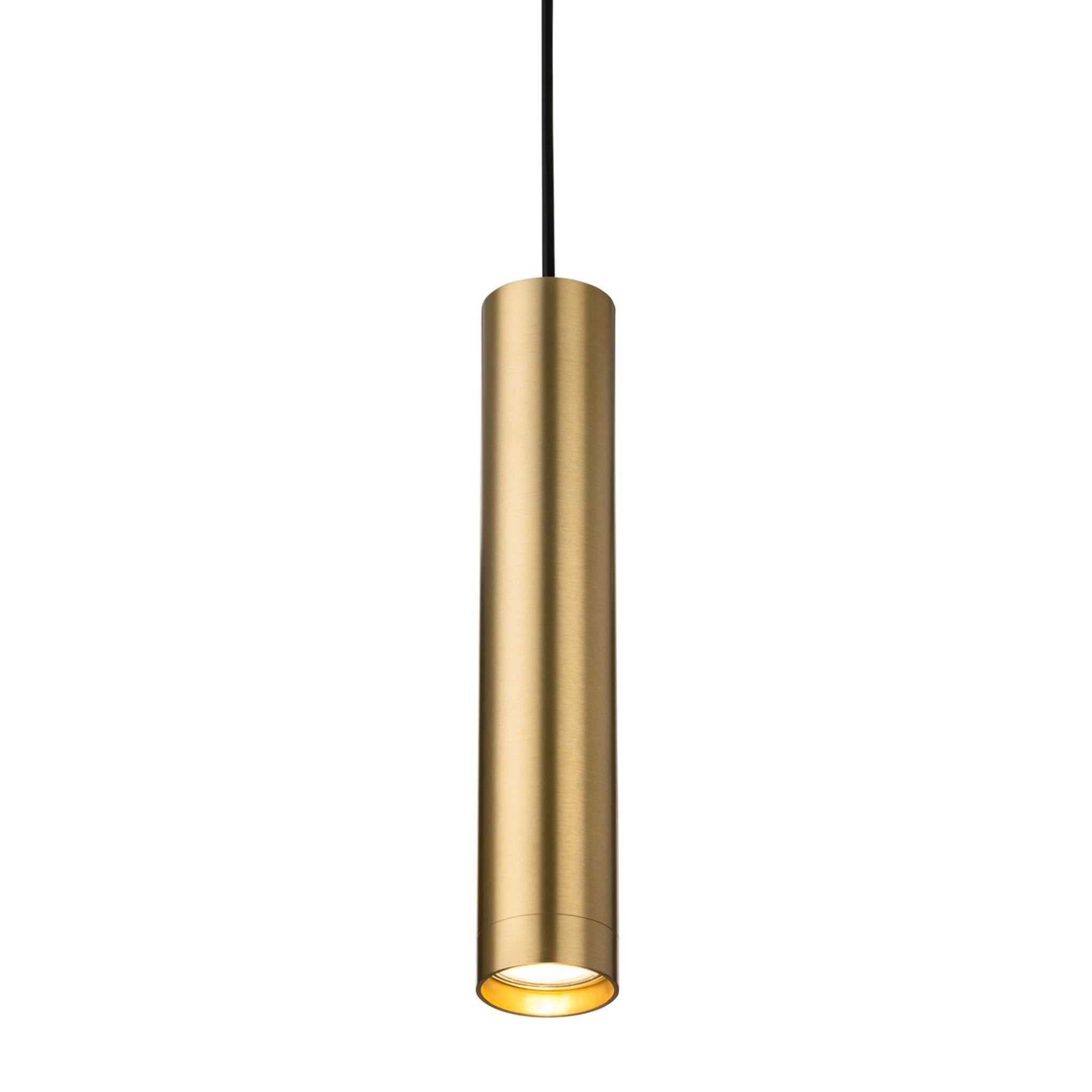 Kelso Slim Cylinder GU10 Pendant in satin brass, angled view
