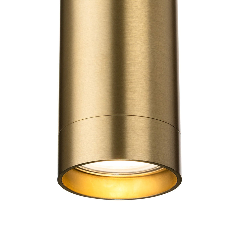 Close-up of the satin brass Kelso pendant showing the recessed GU10 lamp opening