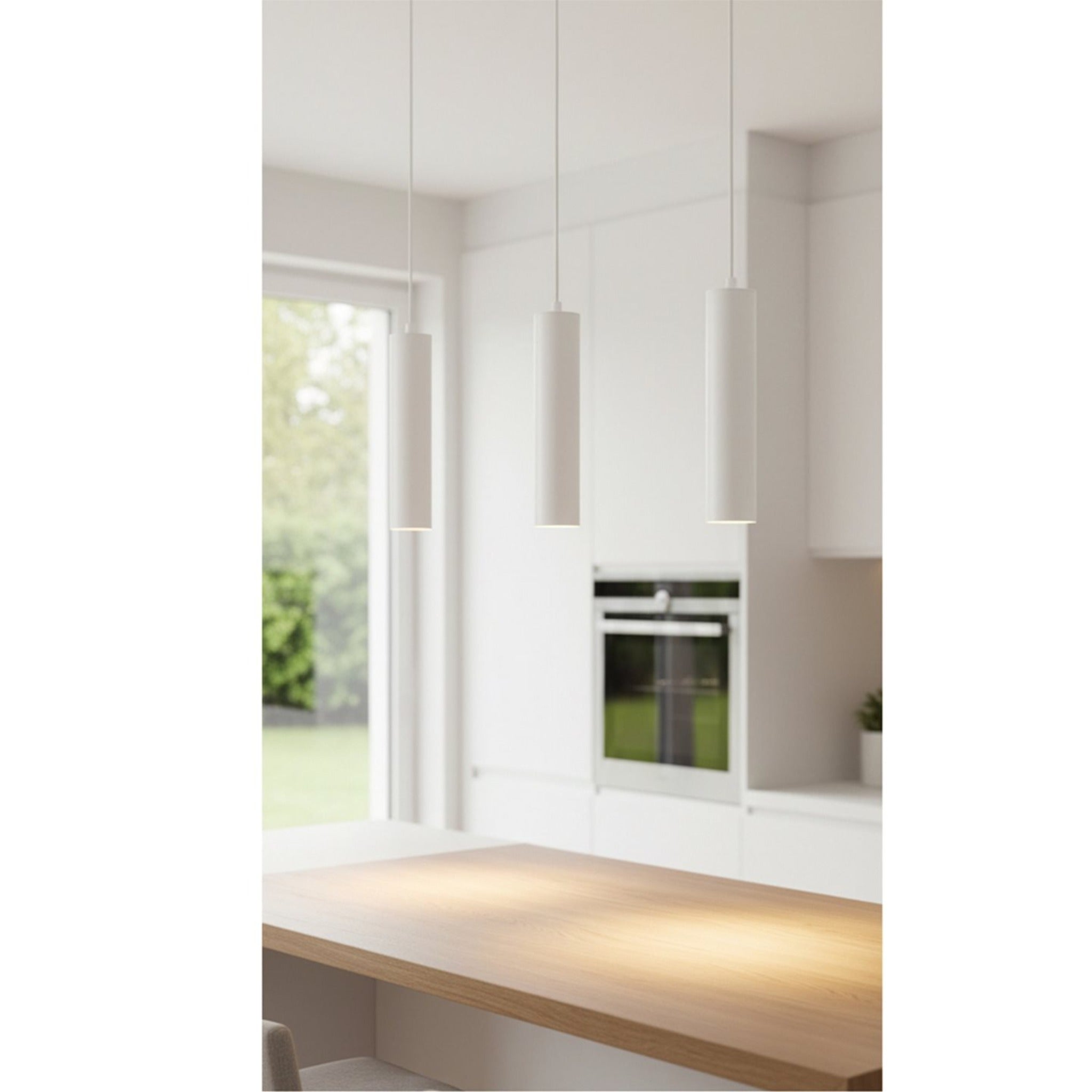 White Kelso pendants hanging above a kitchen worktop in a bright room