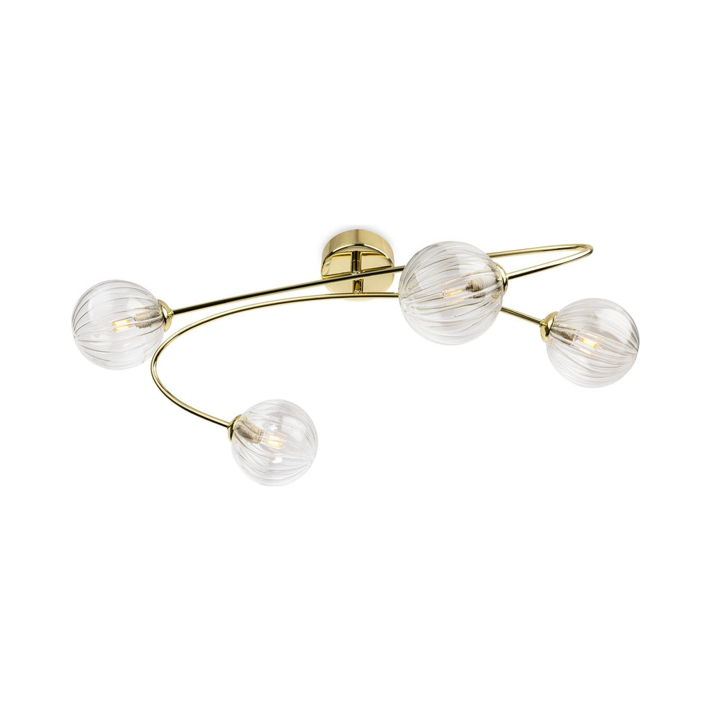 Linden Swirled Glass 4 Light Flush Ceiling Light in brass, side view showing the curved arm