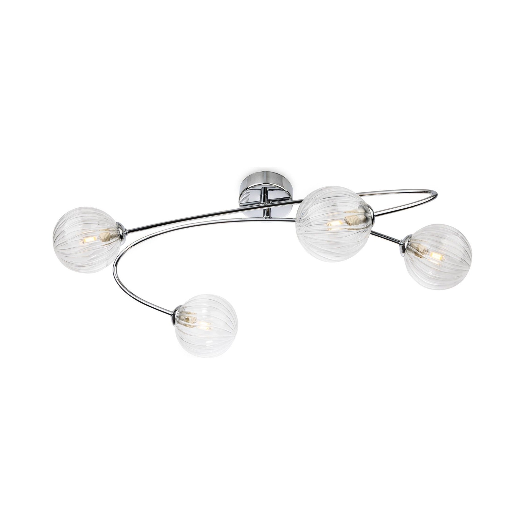 Linden Swirled Glass 4 Light Flush Ceiling Light in chrome, side view showing the curved arm