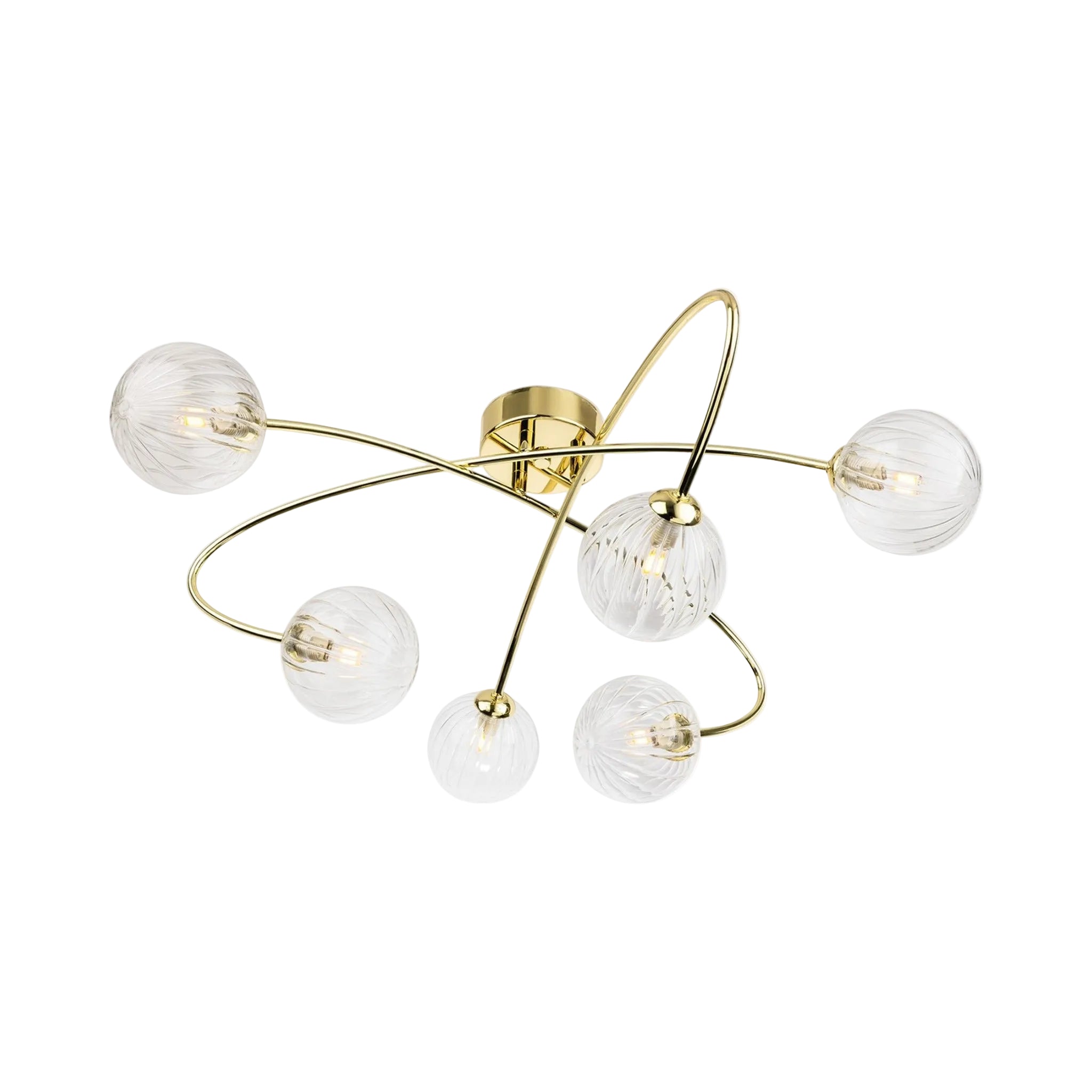 Linden Swirled Glass 6 Light Flush Ceiling Light in brass, angled view