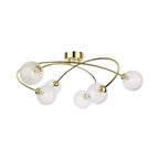 Linden Swirled Glass 6 Light Flush Ceiling Light in brass, side view showing the crossing arms