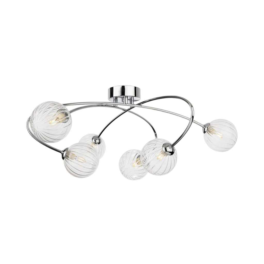 Linden Swirled Glass 6 Light Flush Ceiling Light in chrome, side view showing the crossing arms