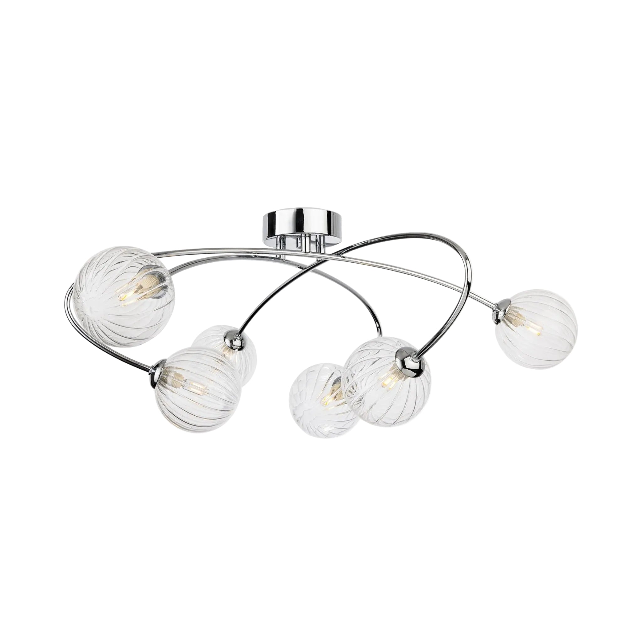 Linden Swirled Glass 6 Light Flush Ceiling Light in chrome, side view showing the crossing arms