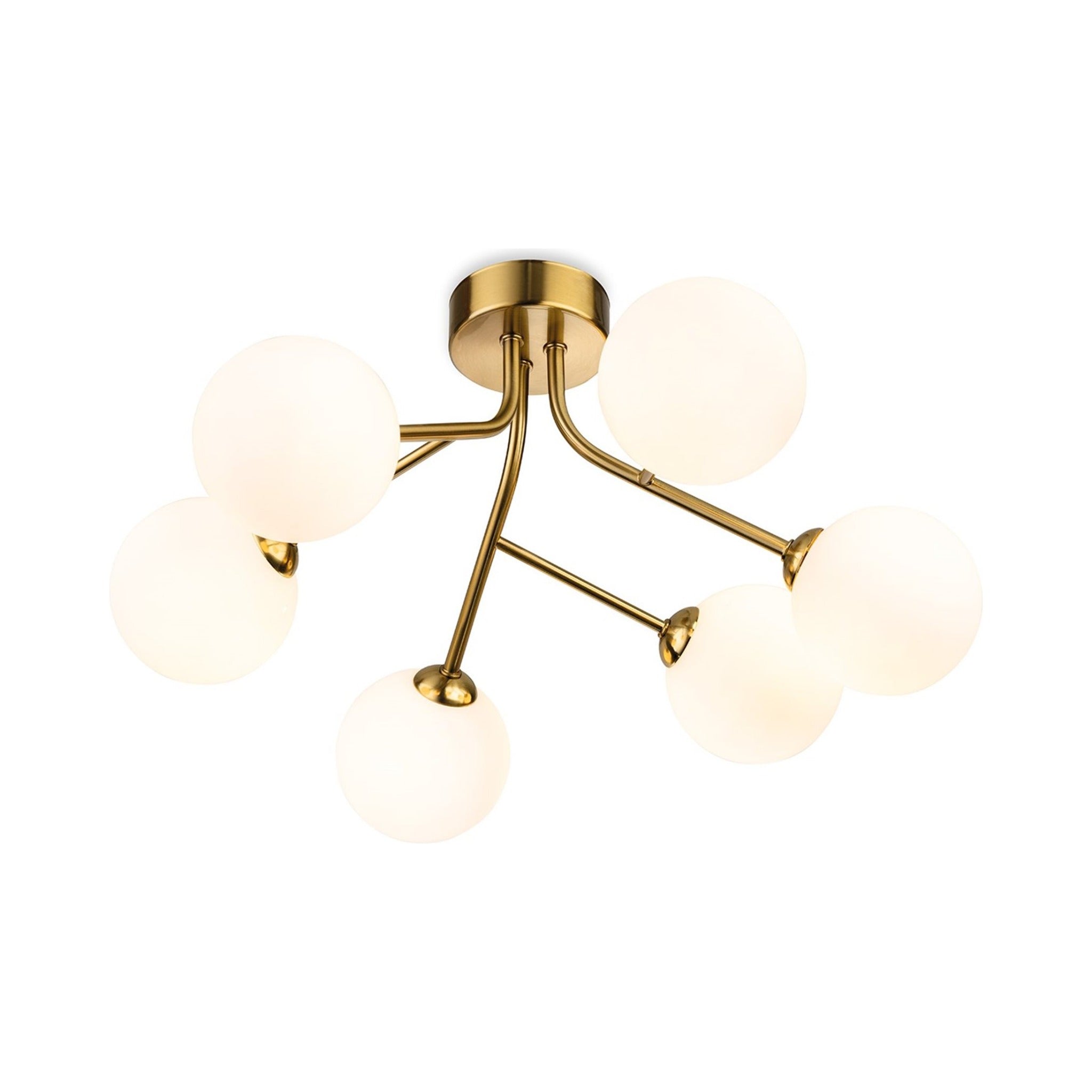Lyra 6 Globe Flush Ceiling Light in brushed brass with opal white glass globes, angled view