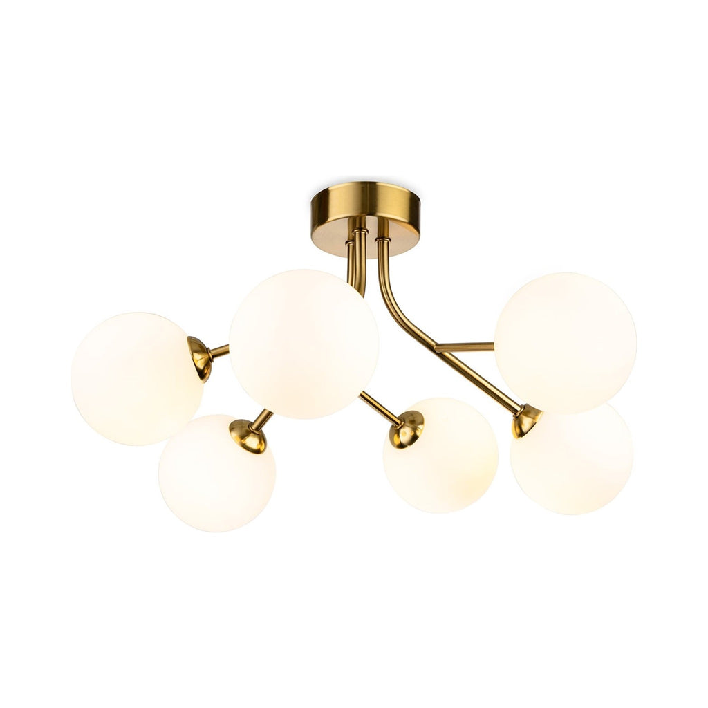 Lyra 6 Globe Flush Ceiling Light in brushed brass, side view showing the branching arms
