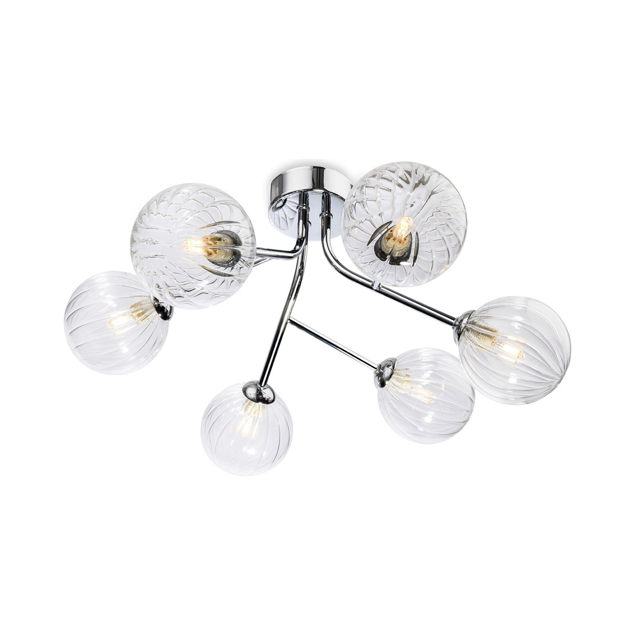 Lyra 6 Globe Flush Ceiling Light in chrome with ribbed clear glass globes, angled view