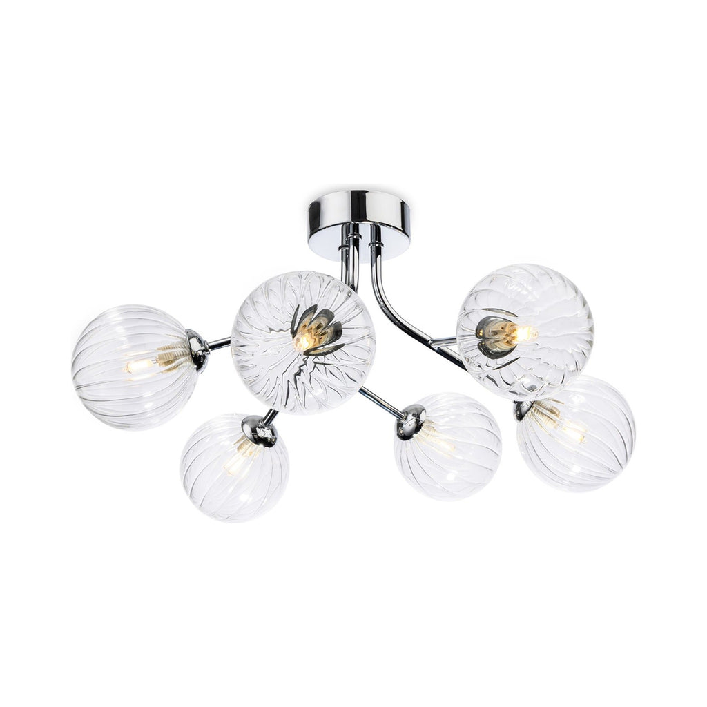 Lyra 6 Globe Flush Ceiling Light in chrome, side view showing the branching arms