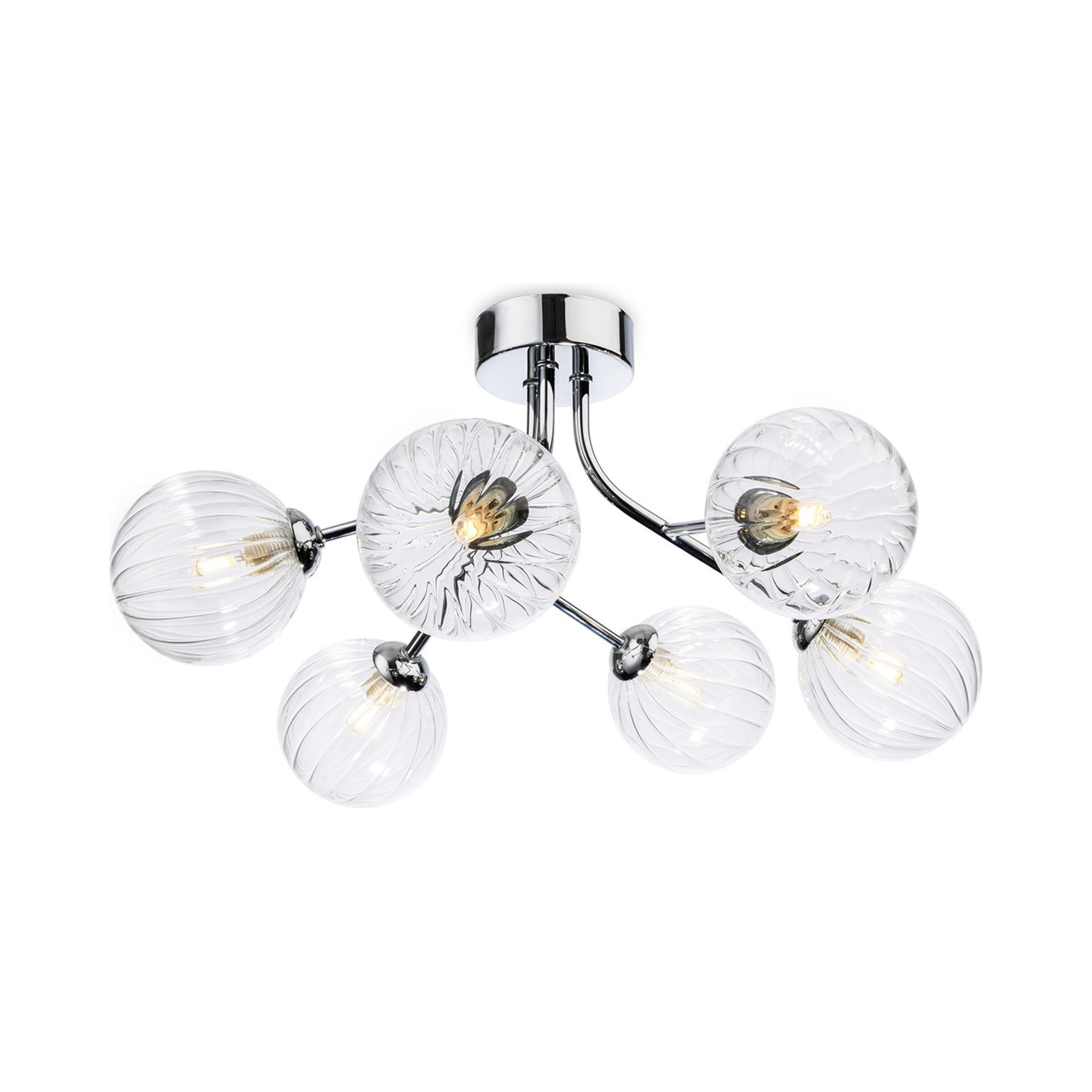 Lyra 6 Globe Flush Ceiling Light in chrome, side view showing the branching arms