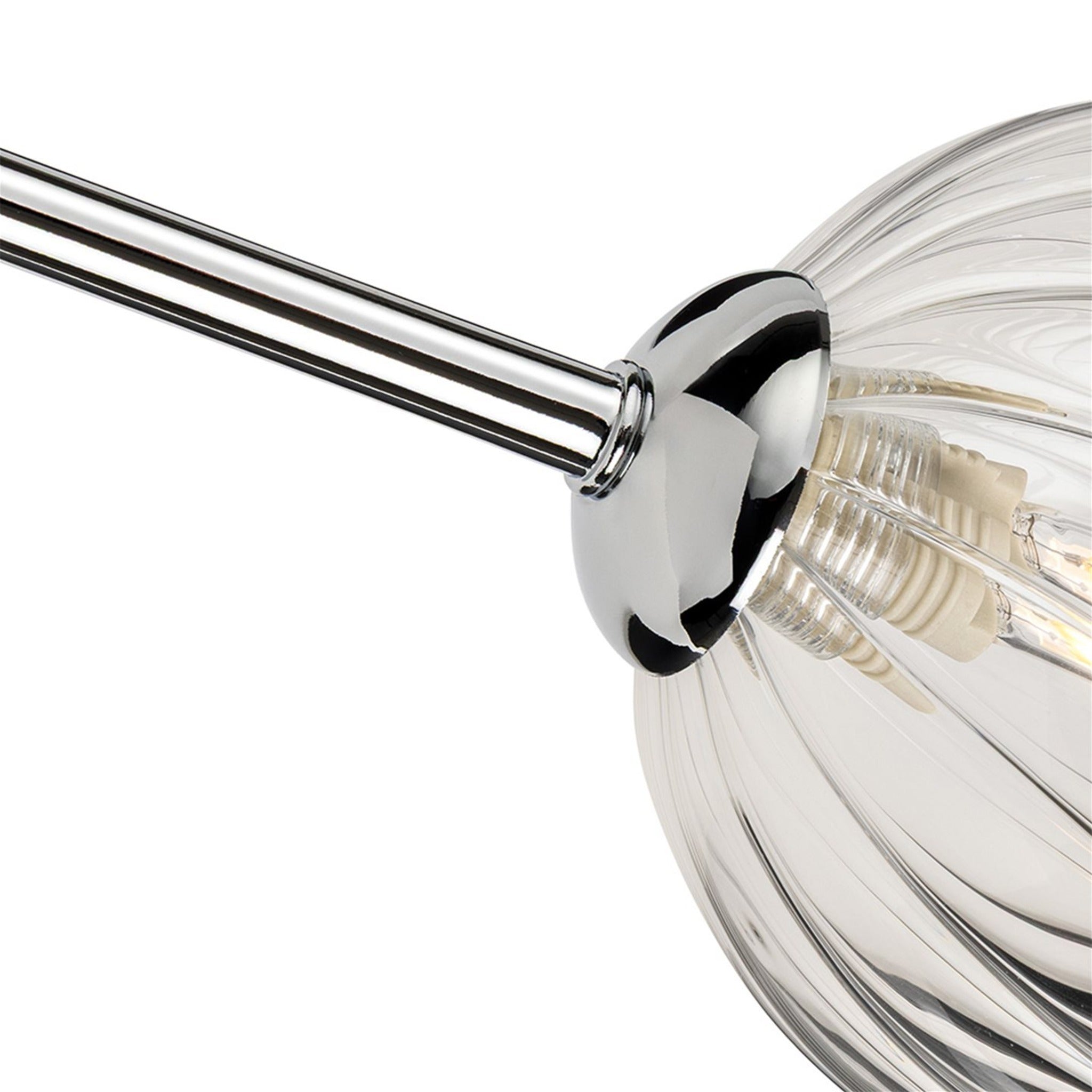 Close-up of a ribbed clear glass globe on a chrome arm of the Lyra 6 Globe Flush Ceiling Light