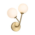 Lyra Twin Globe Wall Light in brushed brass with opal white glass globes, front view