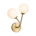 Lyra Twin Globe Wall Light in brushed brass with opal white glass globes, front view
