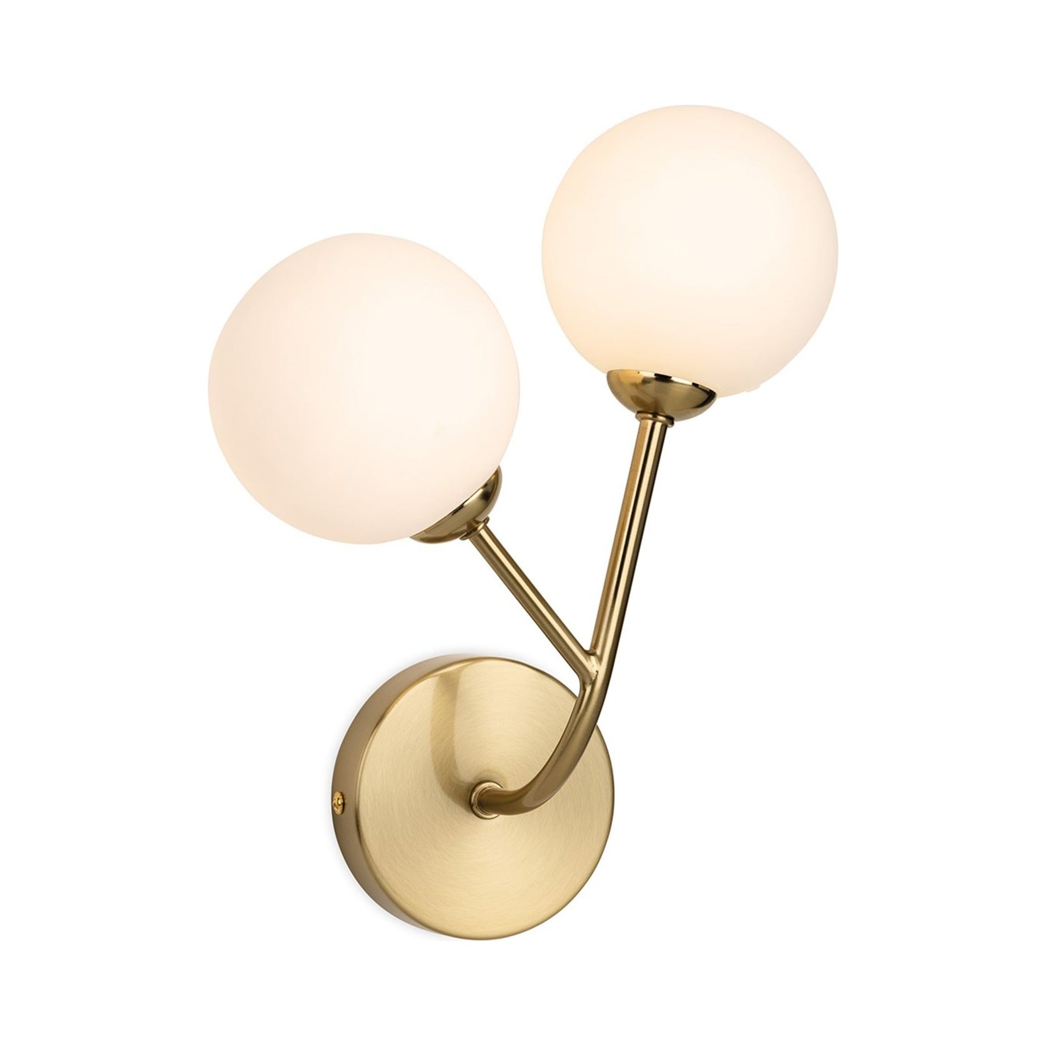 Lyra Twin Globe Wall Light in brushed brass with opal white glass globes, front view