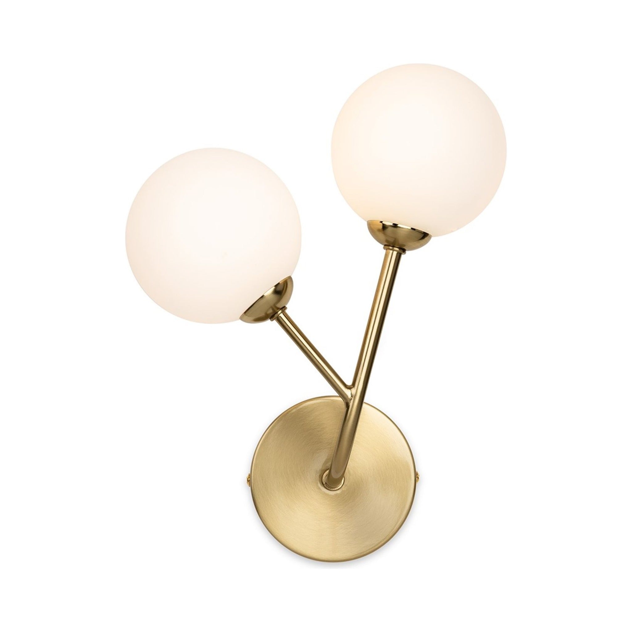 Lyra Twin Globe Wall Light in brushed brass, angled view showing the round backplate