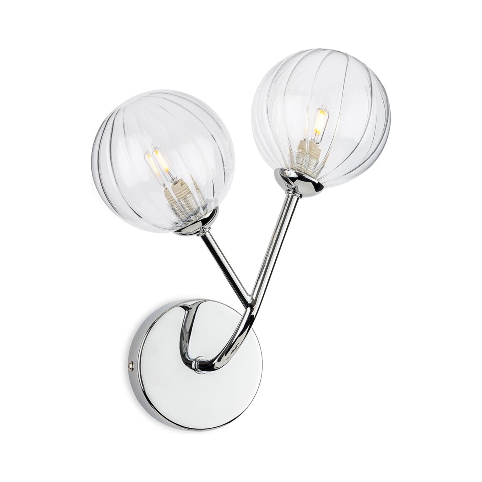 Lyra Twin Globe Wall Light in chrome with ribbed clear glass globes, front view