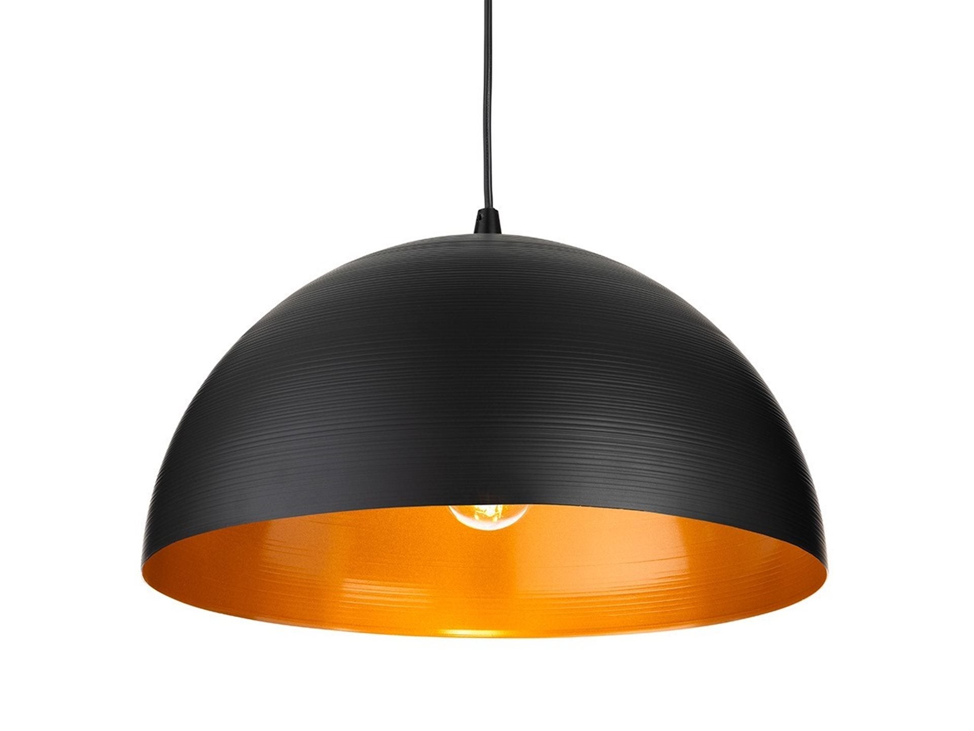 Maren Gold-Lined Dome Pendant in matt black, lit to show the satin gold interior