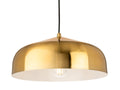Marlow Wide Dome Pendant in brushed brass, lit, seen straight on with the white-painted interior visible