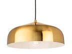 Marlow Wide Dome Pendant in brushed brass, lit, seen straight on with the white-painted interior visible