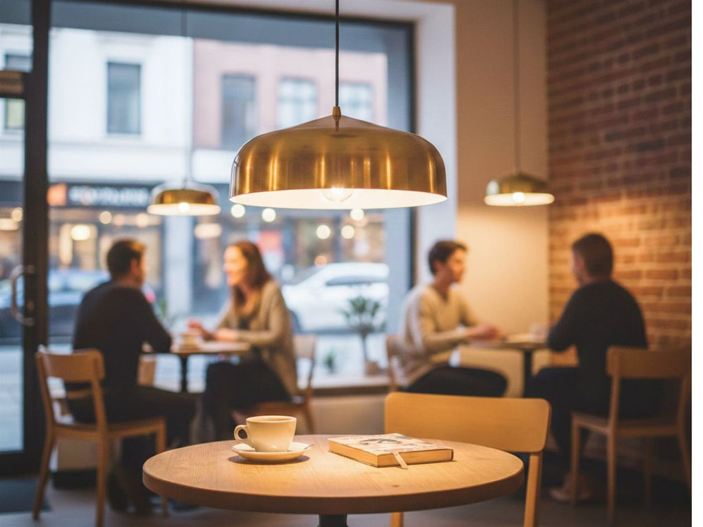 Marlow Wide Dome Pendant in brushed brass hanging over a cafe table