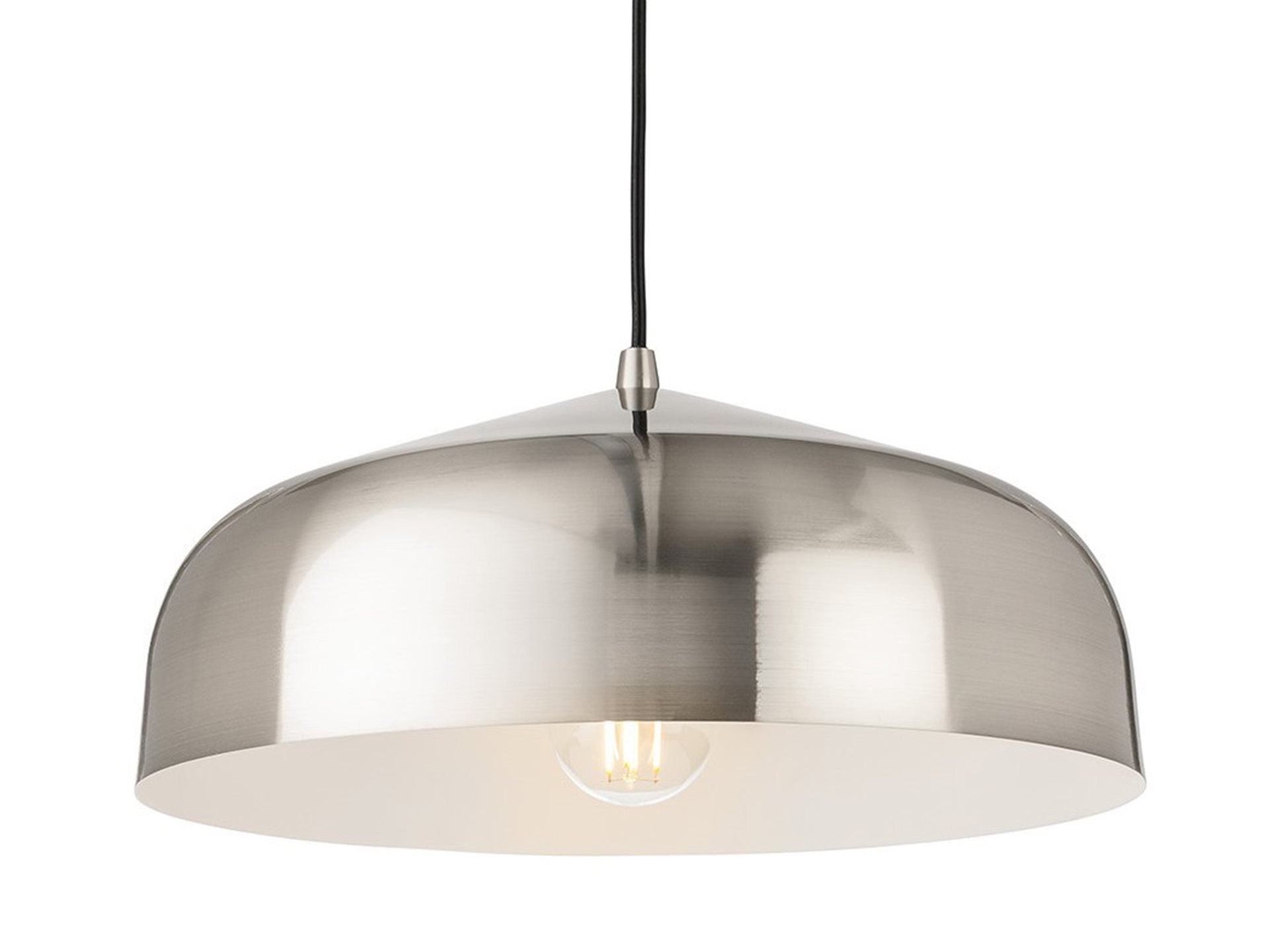 Marlow Wide Dome Pendant in brushed steel, lit, seen straight on with the white-painted interior visible