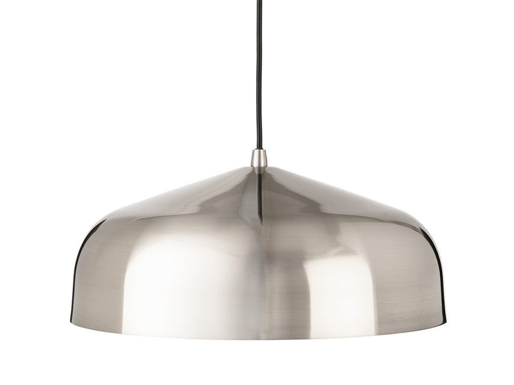 Marlow Wide Dome Pendant in brushed steel, angled view of the domed shade and suspension