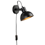 Nyla Plug-In Dome Wall Light in black, front view with trailing cable and in-line switch