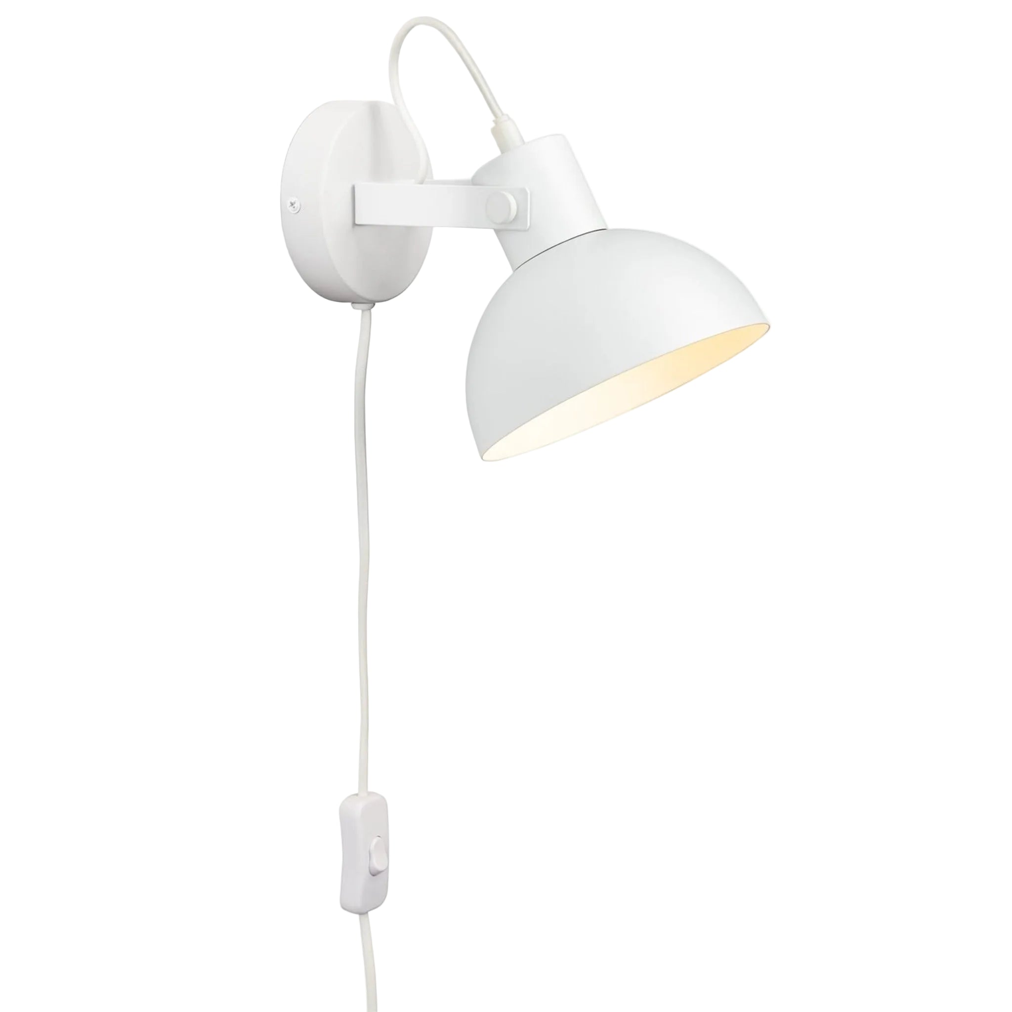 Nyla Plug-In Dome Wall Light in white, front view with trailing cable and in-line switch